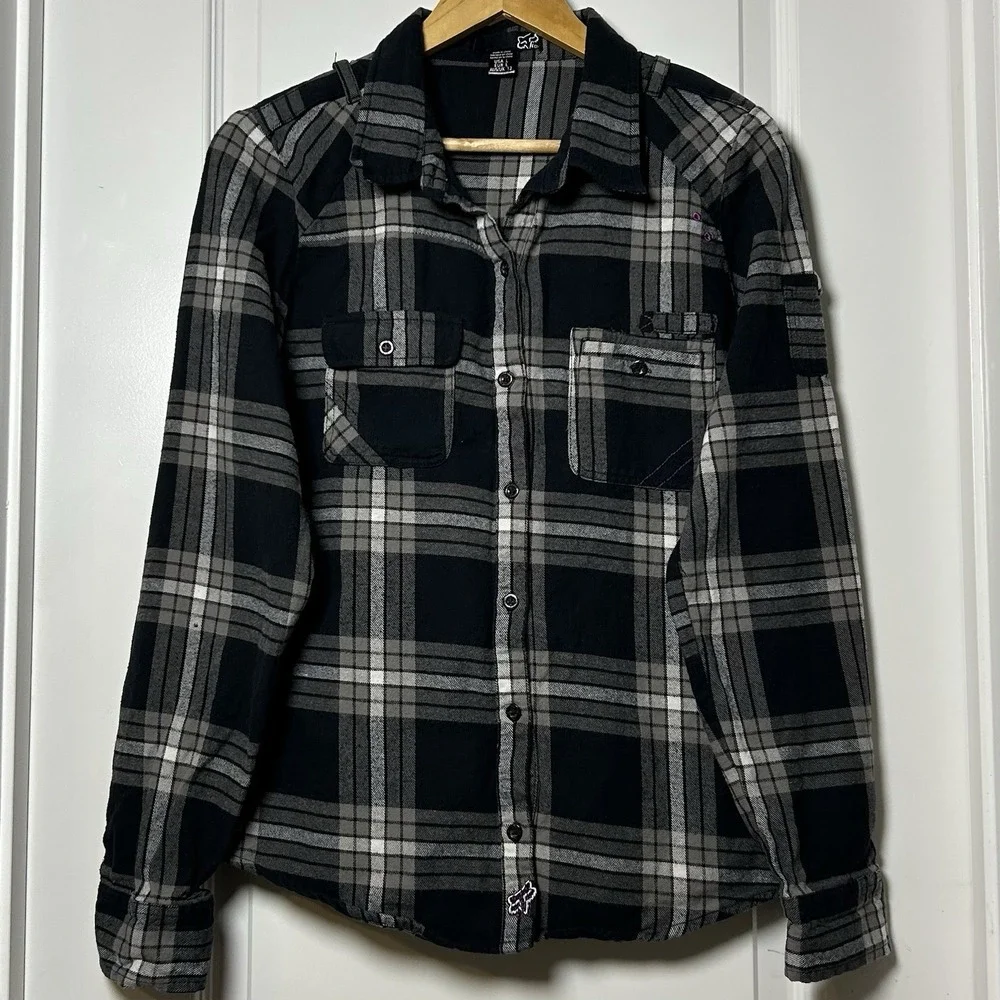 Fox Racing Long Sleeve Button Up Black and‎ Gray Flannel Shirt Motorsports Style